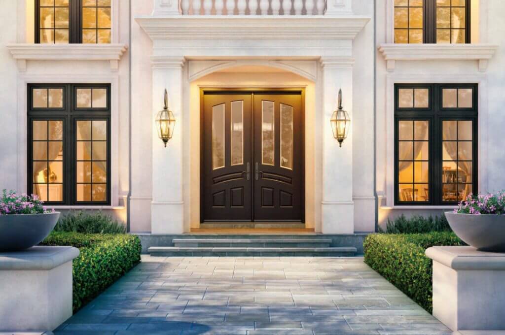 Trustile Entry Door, traditional 5 panel, arched, French Doors glazed